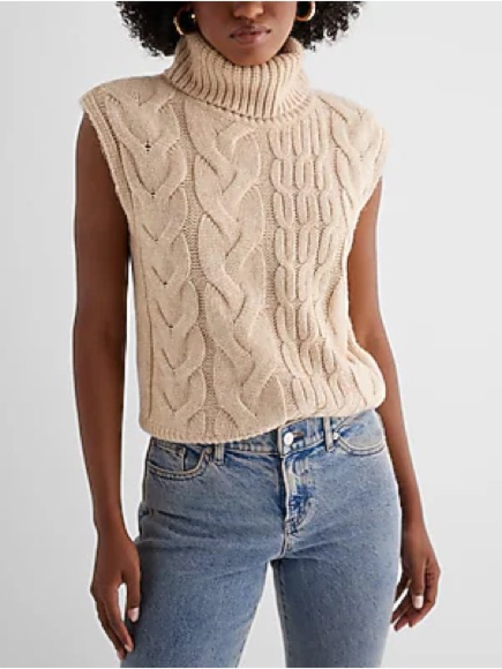 Express Cable Knit Turtleneck Sweater Vest Women’s Small Beige Chunky Knit